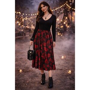 Whimsigoth Valentine Fairy Party Sweet Nina Leonard Red Rose Pleats Midi M Dress